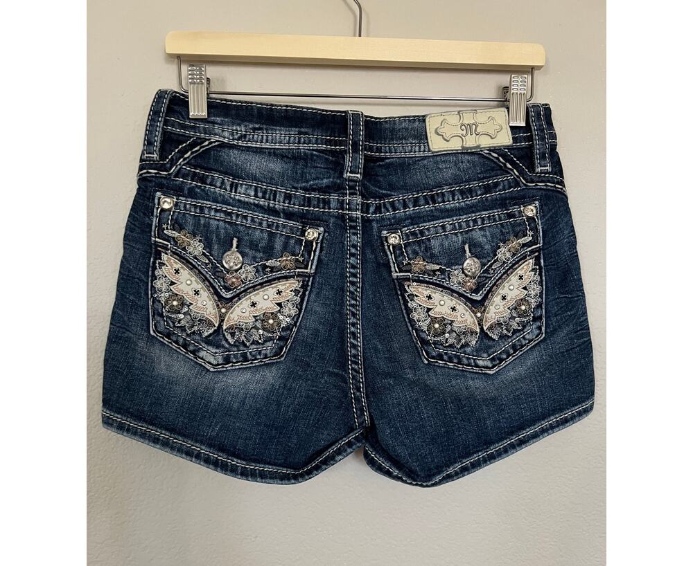 Miss Me Denim Jean Shorts Mid Rise Embellished Pockets Bling Sz 28 Y2K